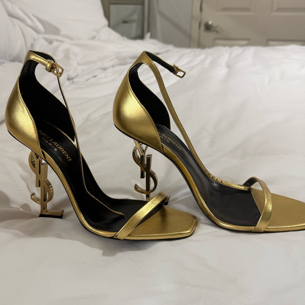 Yves Saint Laurent Gold Logo-Heel Ankle-Strap Sandals